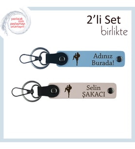 Tekvandocu Yakına Uygun Armağan, Kalıcı İsimli Hatıralık Deri Anahtarlık 2’li Set, Gök Mavi-Pudra