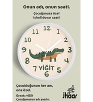 İsme Özel Sevimli Timsah Çocuk Odası Duvar Saati Orta Boy 30 cm Beyaz Camlı Sessiz