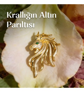 Yeşil Gözlü Altın Renk Aslan Kafası Broş