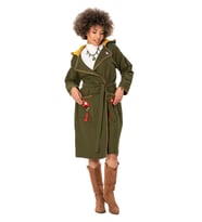Uzun Kol Pazen Ela Çift Cepli Kuşak Detaylı Sonbahar ve Kışlık Ceket Haki Hk