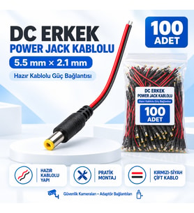 100 Adet DC Erkek Power Jack Kablolu 5.5x2.1mm – CCTV Güvenlik Kamera Adaptör Güç Bağlantı Kablosu