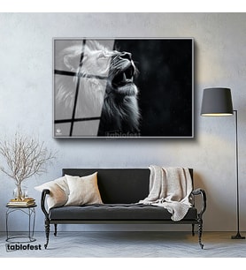 Gümüş Renk Metal Çerçeveli Tamperli Cam Tablo Yağmur Efektli Kükreyen Aslan Tablosu Duvar Dekoru