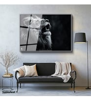 Gümüş Renk Metal Çerçeveli Tamperli Cam Tablo Yağmur Efektli Kükreyen Aslan Tablosu Duvar Dekoru