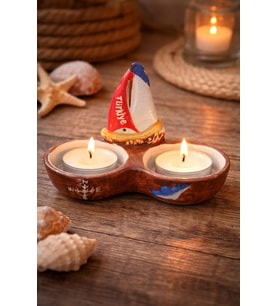 Yelkenli Figürlü Seramik Mumluk Deniz Temalı Dekoratif Çiftli Tealight Mumluk (Mum Dahil Değil)