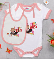 BK Kids Mini Boss Tasarımlı Pembe Bebek Body Zıbın ve Mama Önlüğü Hediye Seti-1