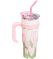 Diller 1200ml Pembe Lale Desenli Tumbler Pipetli/Pipetsiz Kulplu Paslanmaz Çelik Termos