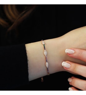 Renkli Zirkon Taşlı Su Yolu Rose Gold Kaplama Gümüş Bileklik
