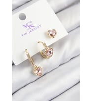 Pirinç Zirkon Taşlı 3'lü Pembe Kalp Model Gold Renk Kadın Küpe (Altın)