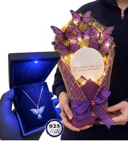 Led Işıklı Aynalı Kelebek Buketi ve Işıklı Premium Kutusunda 925 Ayar Gümüş Kolye (Model 6)