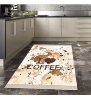 Kahve Coffe Desenli Dijital Baskılı Kaymaz Taban Yıkanabilir Leke Tutmaz Mutfak Halısı (Bej)