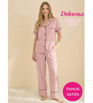 Seamlife Kadın Maskülen Önden Düğme Gömlek Yaka Dokuma %100 Pamuk Saten Göğüs Cepli Kısa Kol Pijama Takımı (Gül Kurusu)