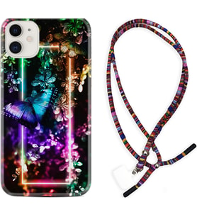 Apple iPhone 11 12 13 Mini Kılıf Boyun Asklı Rasta Silikon Butterfly Neon 1684