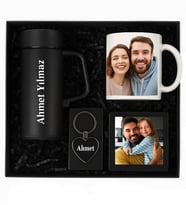 Kişiye Özel Premium Kutu Kulplu Termos Bardak Fotoğraflı Kupa Bardak Metal Kalp Anahtarlık Masaüstü Siyah Çerçeve