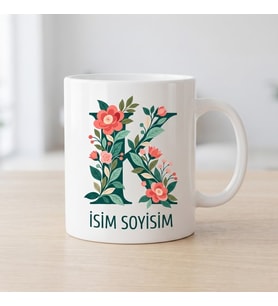 Kişiye Özel Baş Harf ve İsim Yazılı Çiçek Motiflili K Harfli Seramik Kupa Bardak