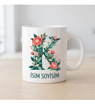 Kişiye Özel Baş Harf ve İsim Yazılı Çiçek Motiflili K Harfli Seramik Kupa Bardak