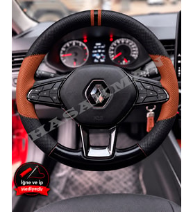 Renault Taliant Dikme Direksiyon Kılıfı Delikli Deri Parlak Siyah Taba Detay Çift Yüzük ve Dikiş 2021-2024