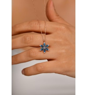 Akuamarin Taşlı Rose Lotus Çiçeği Gümüş Kolye