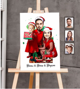 Kişiye Özel Yılbaşı Aile Karikatürlü Kanvas Tablo 20x30 Model-2