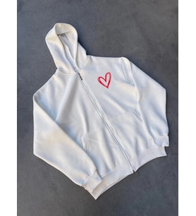 Kadın 3 İplik Pamuklu Fermuarlı Kapüşonlu Sweatshirt hoodie Hırka - Beyaz