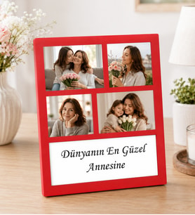 Anneler Gününe Özel 4 Fotoğraflı Kendi Mesajını Oluştur Ahşap Kolaj Çerçeve (Kırmızı)