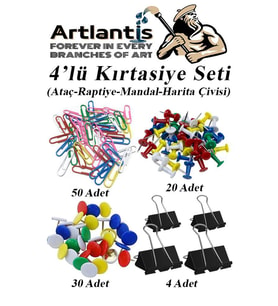 4 lü Kırtasiye Seti Mandal Raptiye Ataç Harita Çivisi 1 Paket Metal Kıskaç Klips Okul Ofis Büro Seti