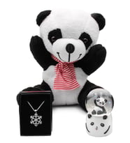 Tatlı Peluş Panda & Işıklı Mini Panda Kar Küresi & Kar Tanesi Kolye Hediye Seti (Beyaz)