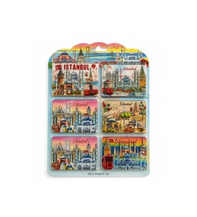 Kişiye Özel İstanbul Temalı Ahşap Buzdolapı Süsü Magnet 6'Lı Set - 8x5,5cm