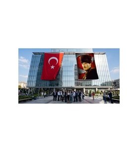 Mavi Gözlü Kalpaklı Gazi Mustafa Kemal Atatürk Ay Yıldız Poster Bayrak ve Türk Bayrağı Premium Raşel Kumaş 2'li Set 10x15 metre ATA37