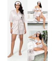 6'lı Sabahlıklı Taş Saten Pijama Şort Takımı