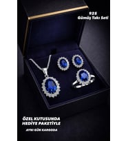 925 Ayar Damgalı Gümüş Kaplama  Safir Mavisi Oval Taşlı  Kolye Küpe Yüzük Takı Seti (Lacivert)