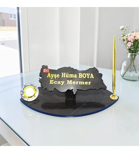 Sümen Ofis için Doğal Siyah Mermer İsimlik Gold Tasarımlı Kalem ve Saat li