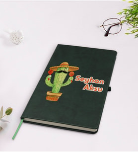 BK Gift Kişiye Özel Kaktüs Tasarımlı Yeşil Termo Deri Defter Model 7
