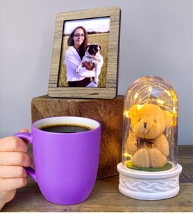 Kişiye Özel Set Mor Kupa Bardak, Led Işıklı Fanus ve Fotoğraf Seti (Model 6)