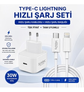 SChitec 30W Type-C Çıkışlı Hızlı Şarj Adapörü Başlığı ve Type-C to Lightning ve Hızlı Şarj Kablosu