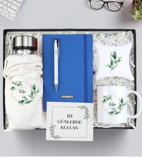 Kişiye Özel Defter & Kalem & Kupa & Kılıflı Matara & Bardak Altlığı Hediye Seti (Mavi)