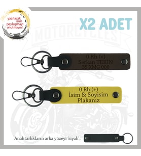 İlk Motoru Olana Hediye, İsim Plaka ve 0 Rh (+) Kan Grubu Yazılı 2'li Anahtarlık, Sarı-K Kahve-Syh (Çok Renkli)