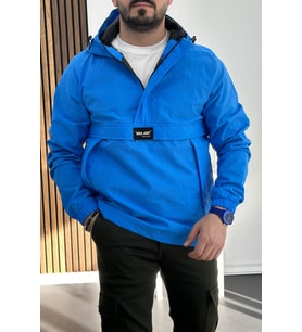 Erkek Slim Fit Krinkıl Kumaş Kanguru Cepli Yarım Fermuarlı Yağmurluk Mont Mavi Edw077