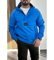 Erkek Slim Fit Krinkıl Kumaş Kanguru Cepli Yarım Fermuarlı Yağmurluk Mont Mavi Edw077
