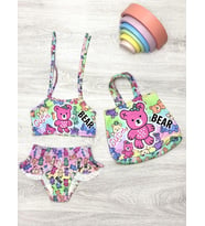 MİLAYS Kız Çocuk karakter Baskılı Eteği Fırfırlı- ip bağlamalı ÇANTA Mayo Bikini 3 lü Takım (Pudra Pembe)