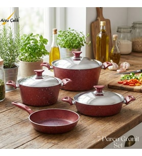 ARZU ÇELİK 7 Parça Granit Set Çelik Kapak - Kırmızı