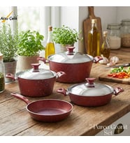 ARZU ÇELİK 7 Parça Granit Set Çelik Kapak - Kırmızı