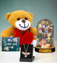 Kişiye Özel Led Işıklı Fanus & Renkli Anka Kuşu Kolye & Kalpli Peluş Ayıcık Seti (Model 5)