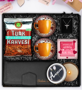 Anneler Gününe Özel Kişiye Özel Cüzdan & İkili Turuncu Fincan & Melek Kolye & Tasarım Mum  & Türk Kahvesi Hediye Seti