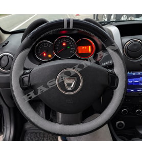 Dacia Lodgy Dikme Direksiyon Kılıfı Parlak Siyah Gri Detaylı Gri Çift Yüzük ve Dikiş 2012-2016