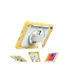 iPad 2021 9.Nesil 10.2" Strap Ekran Koruyuculu Tablet Kılıfı Askılı Kalemlikli  Anti-Darbe 360°Döner Kılıf (Sarı)