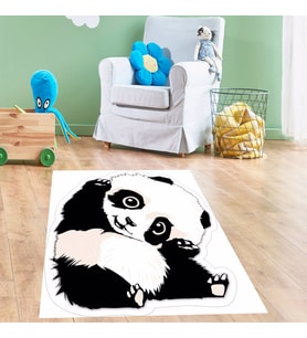 Panda Desenli Dijital Baskılı Leke Tutmaz Yıkanabilir Panda Kaymaz Taban Çocuk Odası Halısı (Çok Renkli)