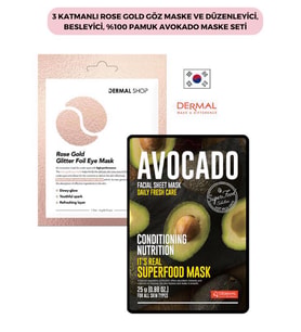 3 Katmanlı Rose Gold Göz Maske ve Düzenleyici, Besleyici, %100 Pamuk Avokado Maske Seti