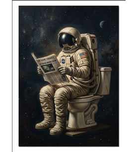 Astronot Tuvalette Gazete Okuyan Dekoratif Kanvas - Mdf Ahşap Tablo