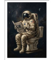 Astronot Tuvalette Gazete Okuyan Dekoratif Kanvas - Mdf Ahşap Tablo