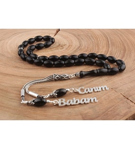 Canım Babam Yazılı Oltu Taşı Tesbih (Gümüş)